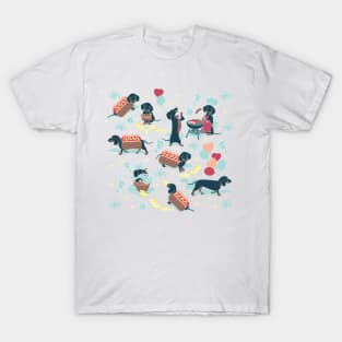 Hot dogs and lemonade // aqua green background navy and brown dachshunds T-Shirt